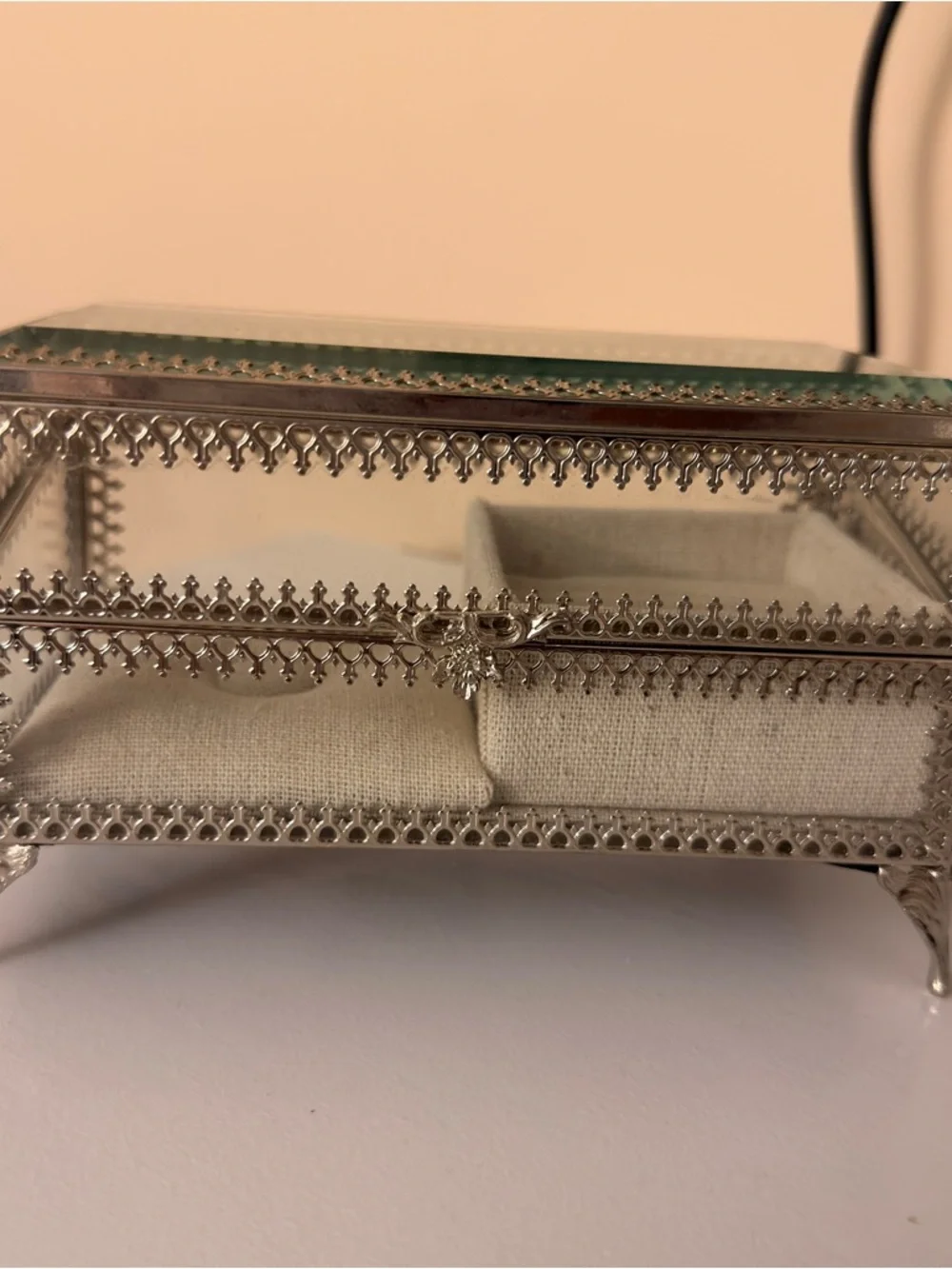 Glass and Silver Metal Jewelry Box with Beige Lined Interior - Picture 2 of 4